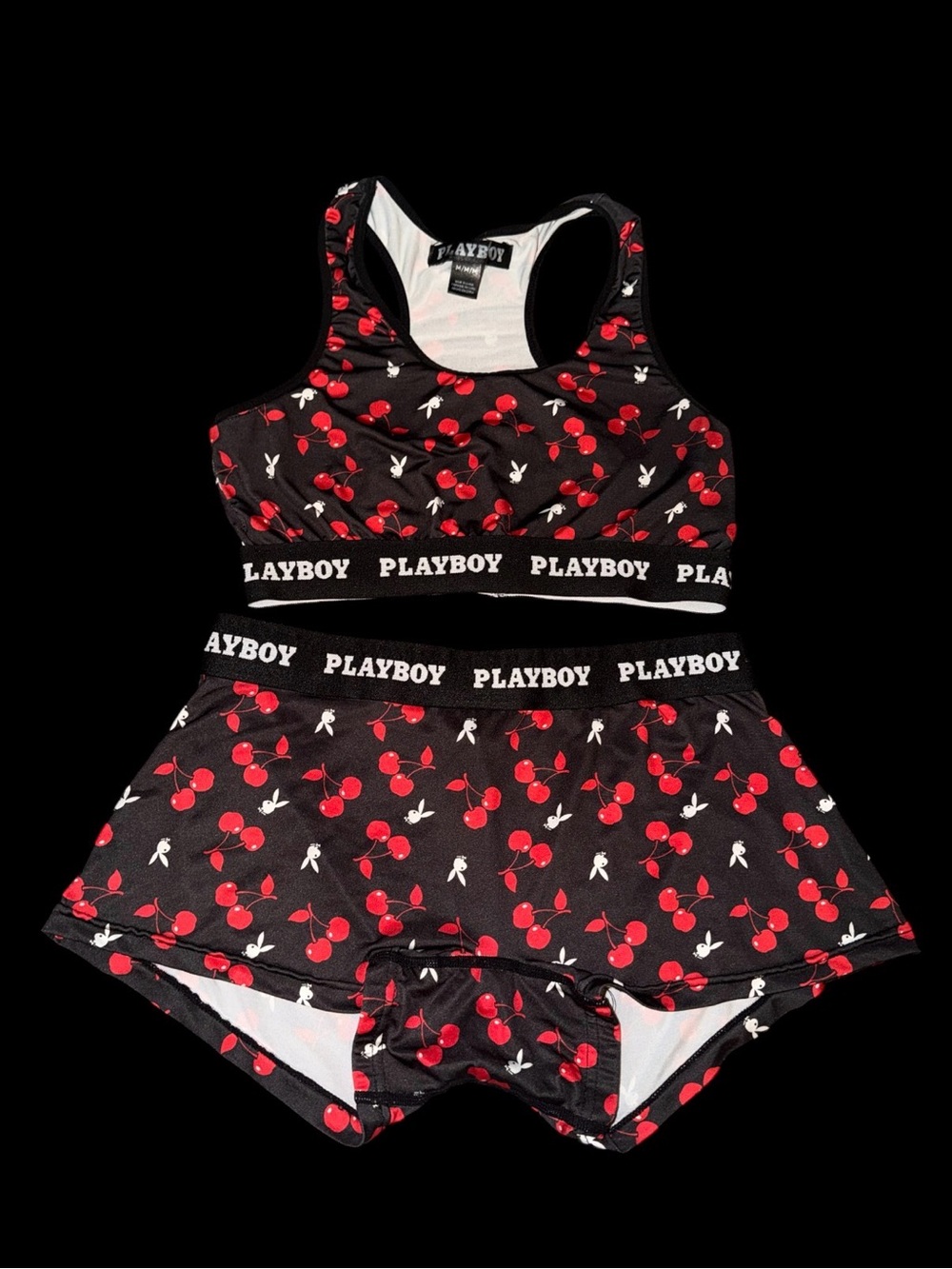 PLAYBOY Black Sports Bra and Skirted Shorts with Red Cherry Print